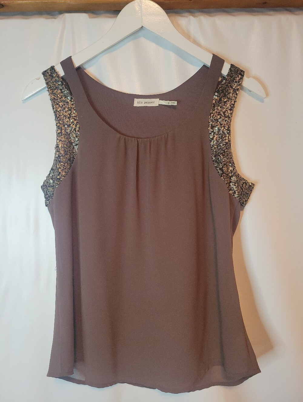 Blu Pepper Brown Sleeveless Sequin-Trim Layered Top